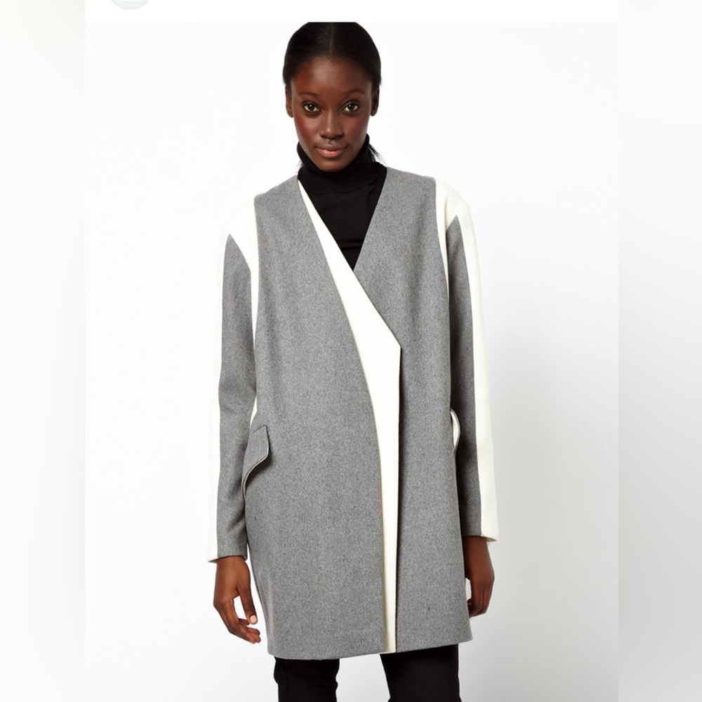 ASOS Oversized Cocoon Wool Coat Gray Cream Colorblock Size 8 Scandi Minimalist